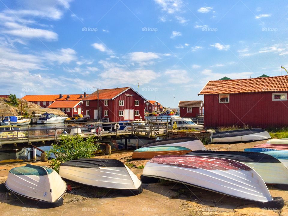 View of fishing huts in Smogen, Sweden