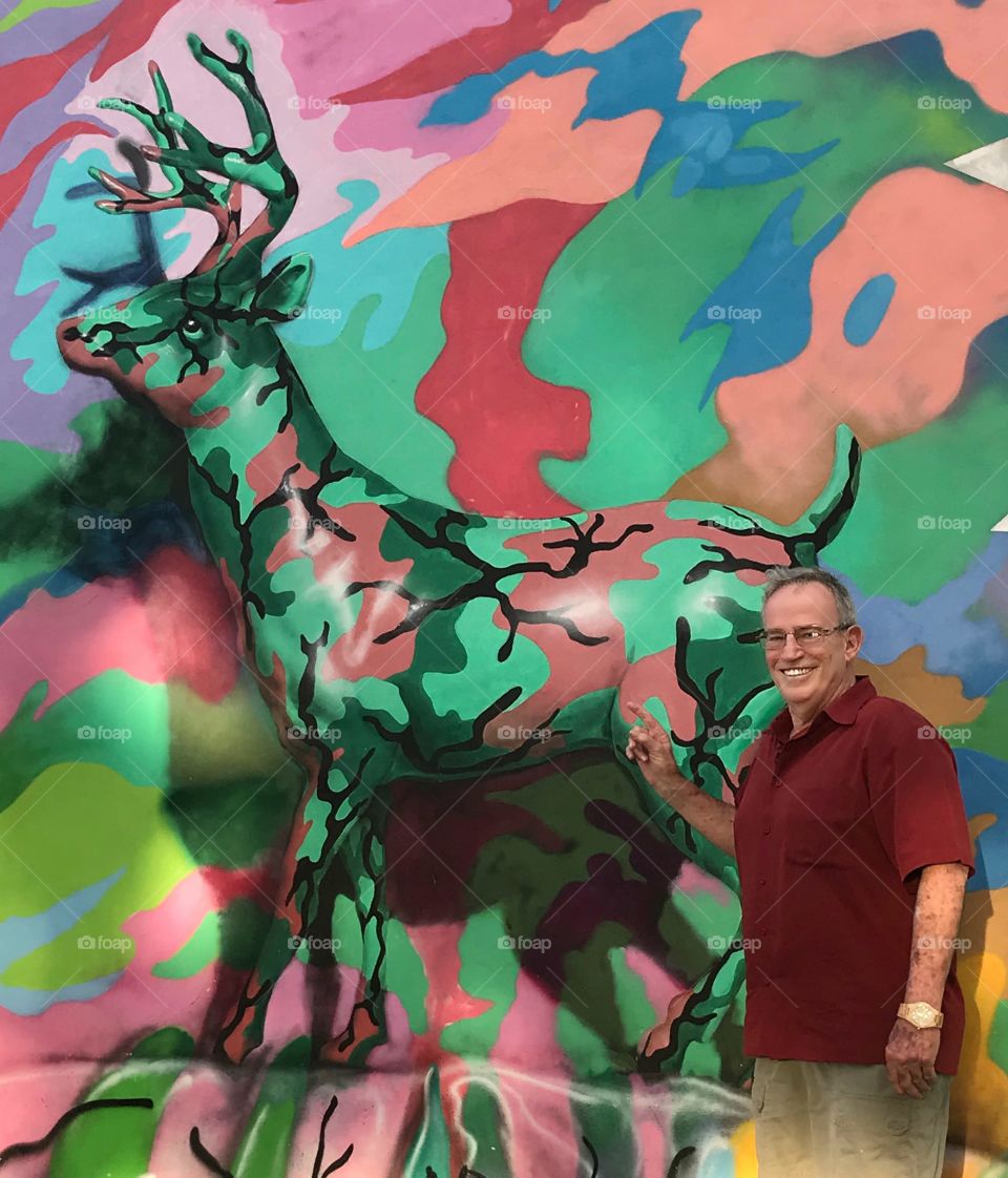 Frank at Wynwood Walls with beautiful  funky cameo deer, Miami Florida 