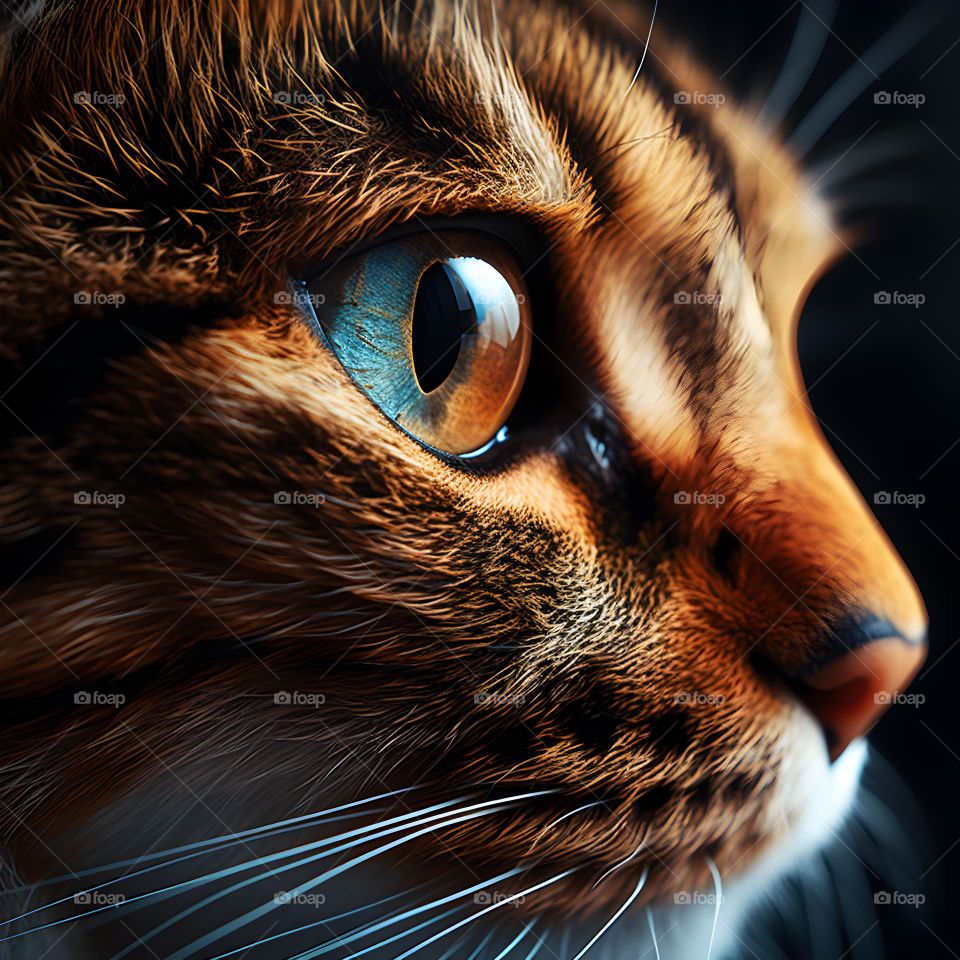 close up of a cat face with round eyes, in the style of vray tracing, photo-realistic techniques