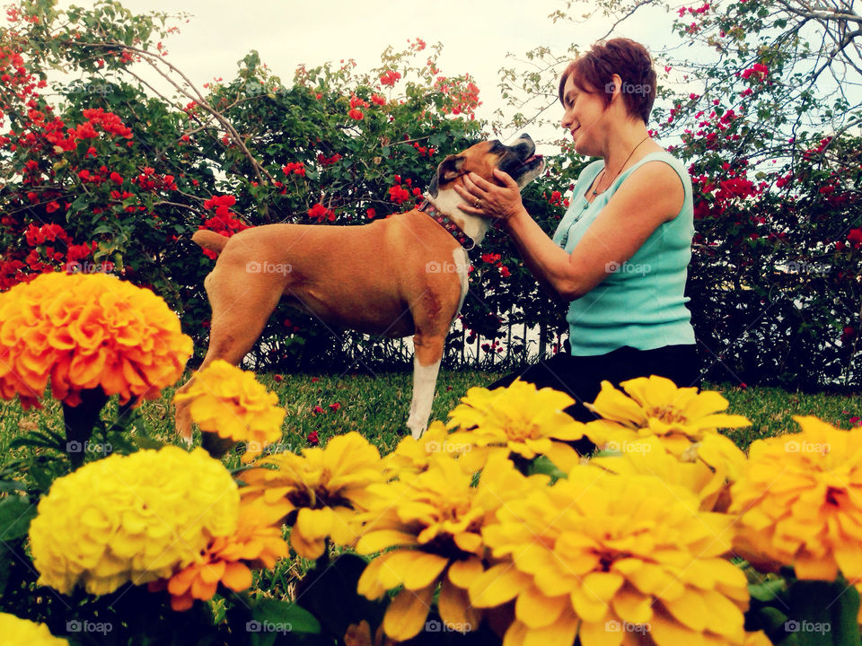 Woman with dog in backyard