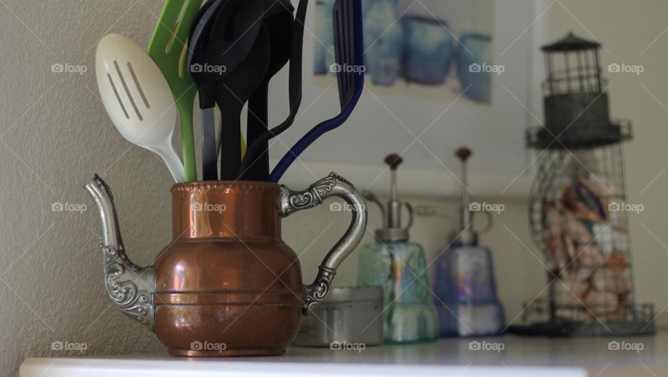 Contrasting decorations brass pitcher sprayers kitchen utensils framed picture