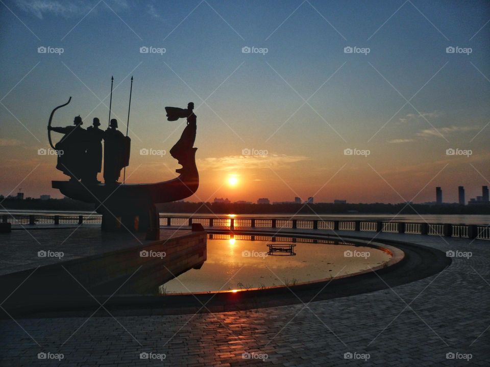 Dawn on the Dnieper River in the city of Kiev