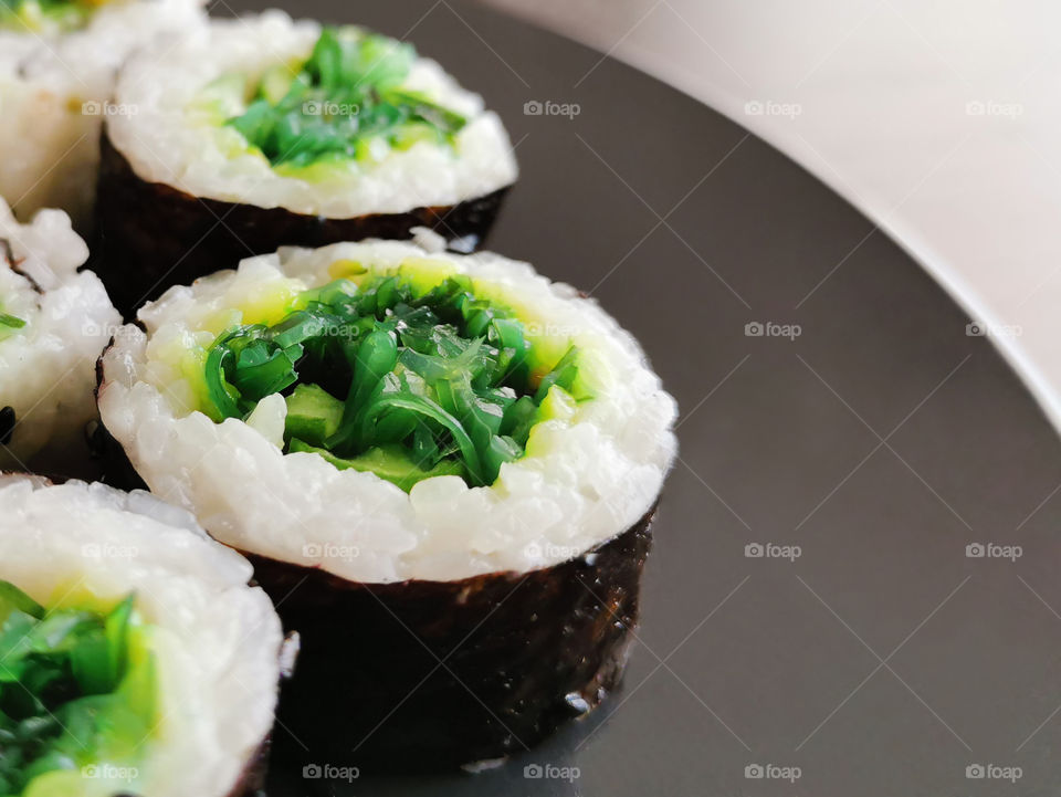 Vegetarian sushi. Traditional Japanese food. Copy space is on the right side.