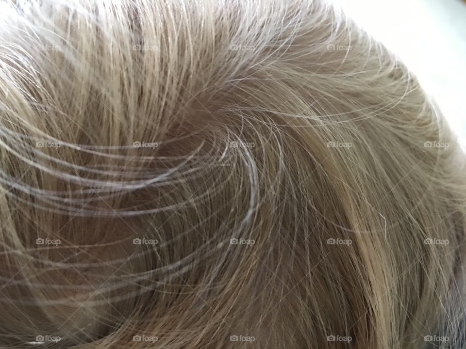 Close up of natural blonde baby’s hair with white background.