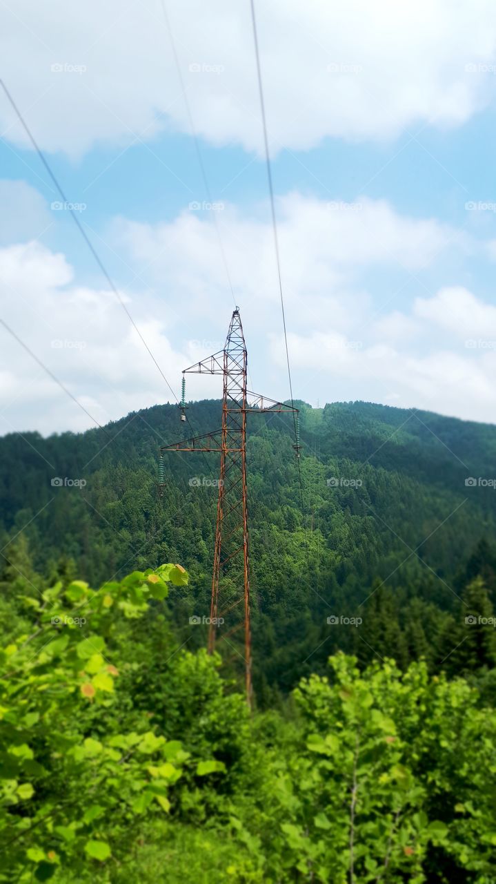A view of the woods and the power lines stretching across forests and hills