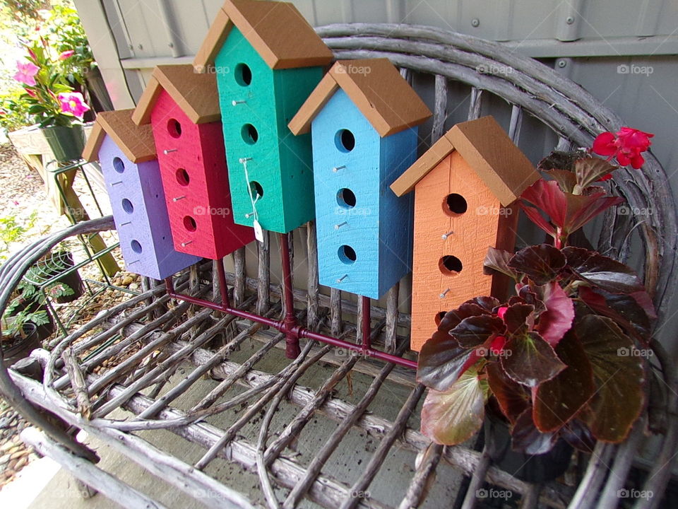 Beautifully colored bird houses with hidden shapes 