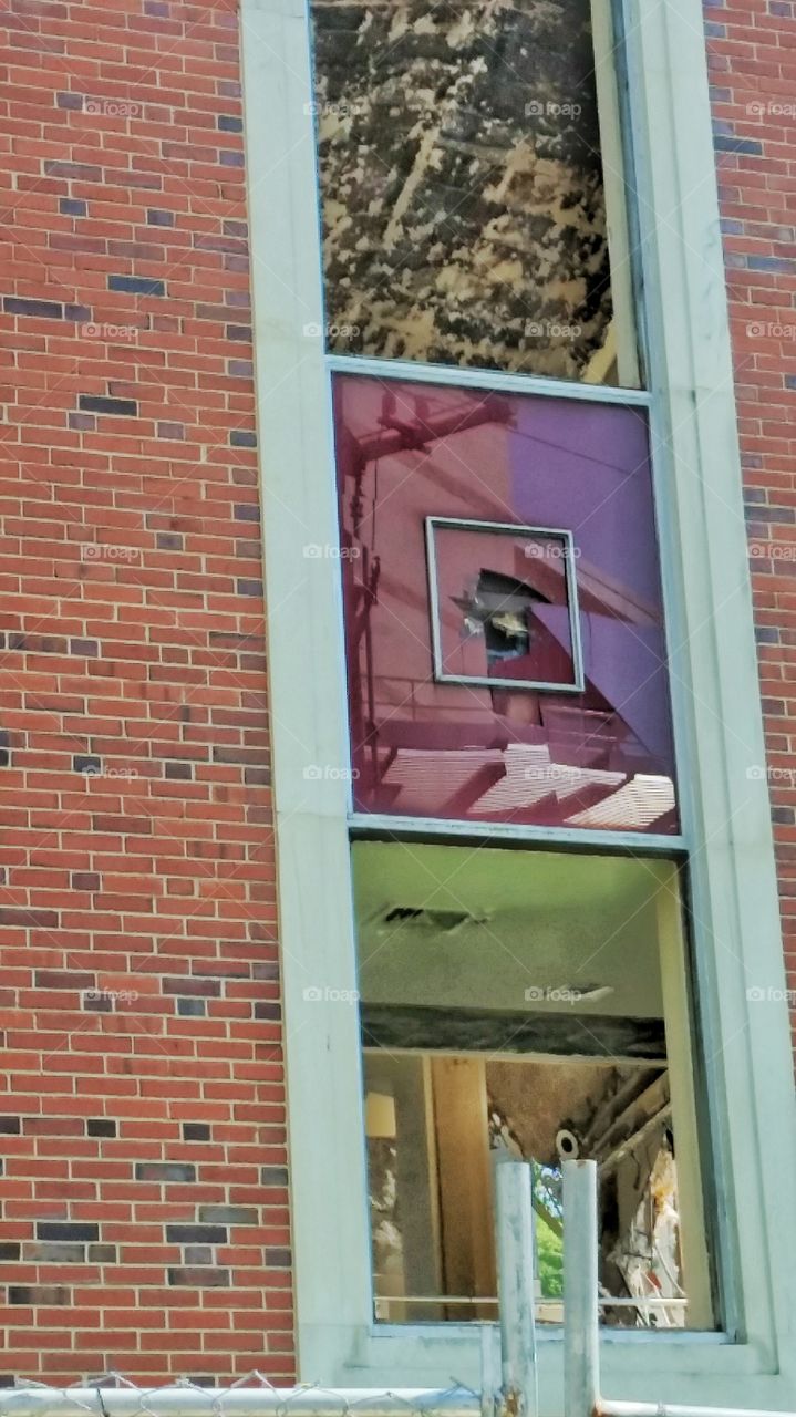 Demolition. Pic from car of church building being torn down