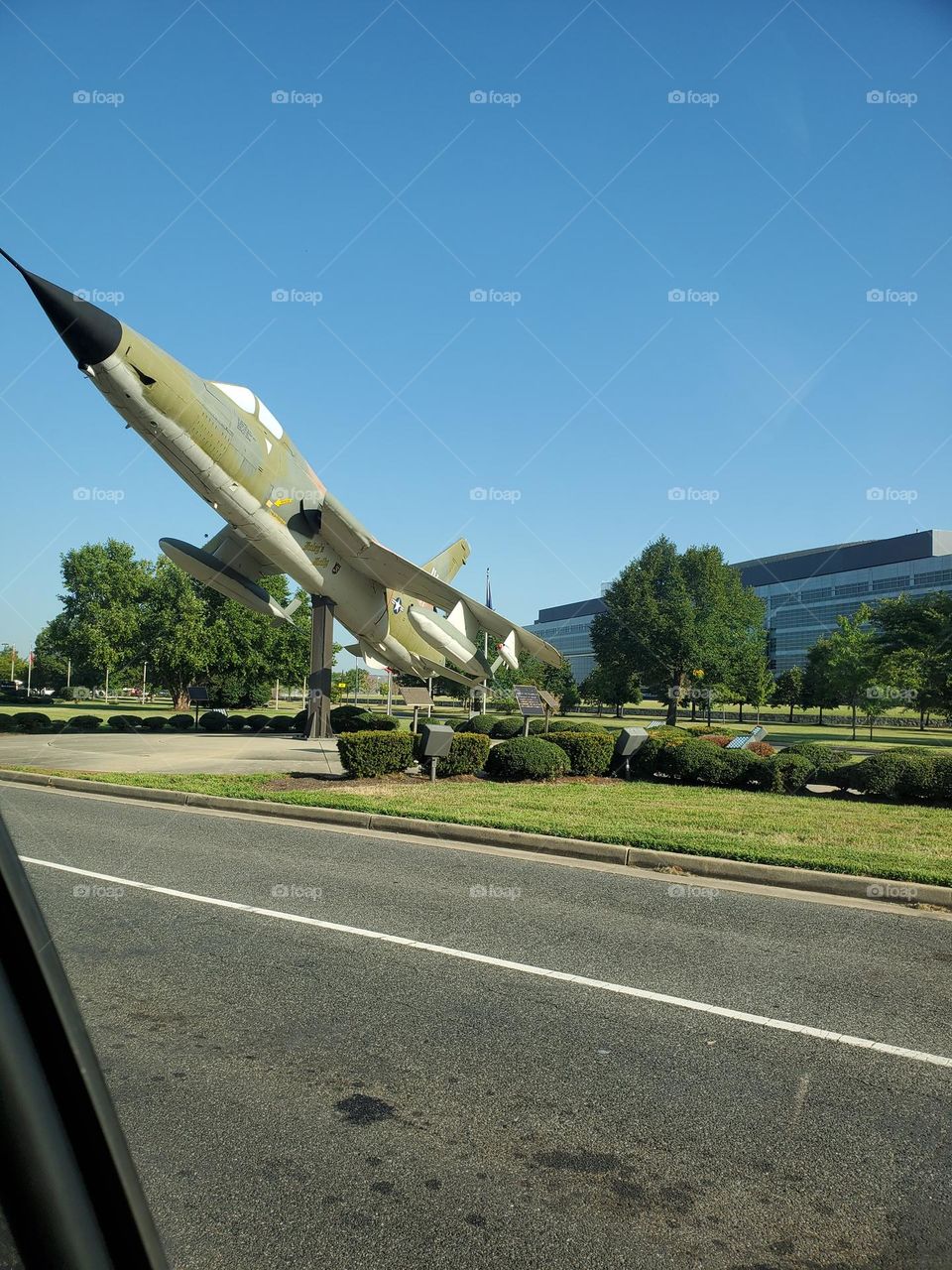 from the car window as you enter Bolling AFB we see an old Air Force jet on display