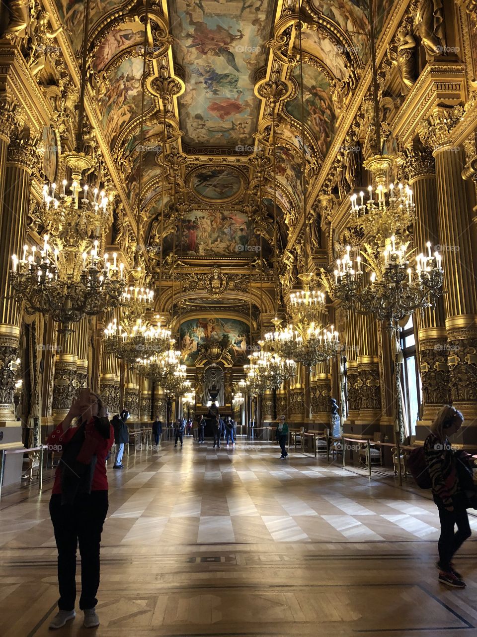 A long hallway inside Paris’s Academy of Music, also connected to the Garnier Opera House. 