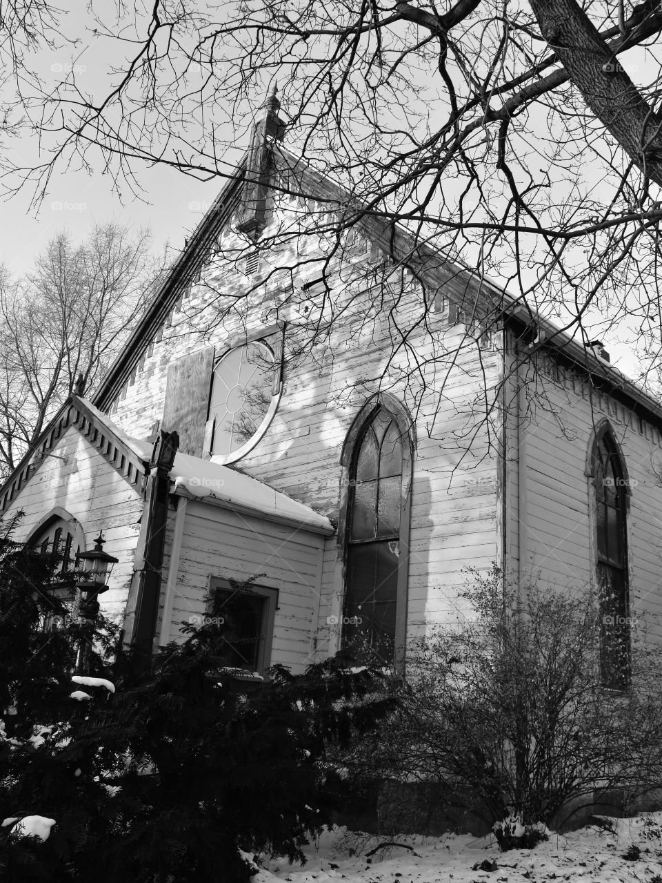 Abandoned church on a winter day