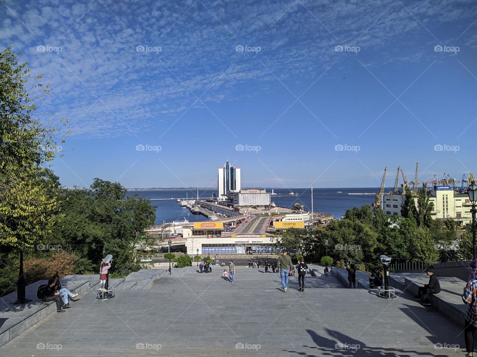 Potemkin Stairs and seaport. Odessa.