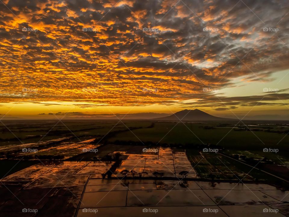 Aerial shot of the fields in a Cloudy sunset