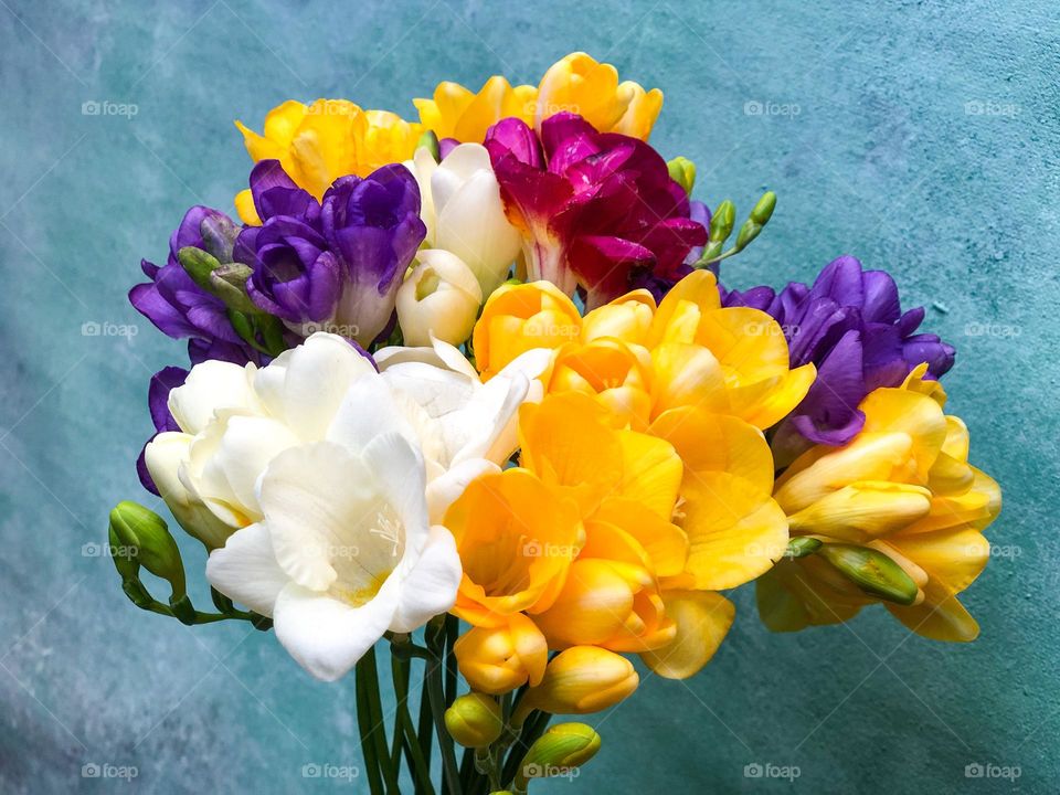 Bouquet of pink, yellow, purple and white flowers 