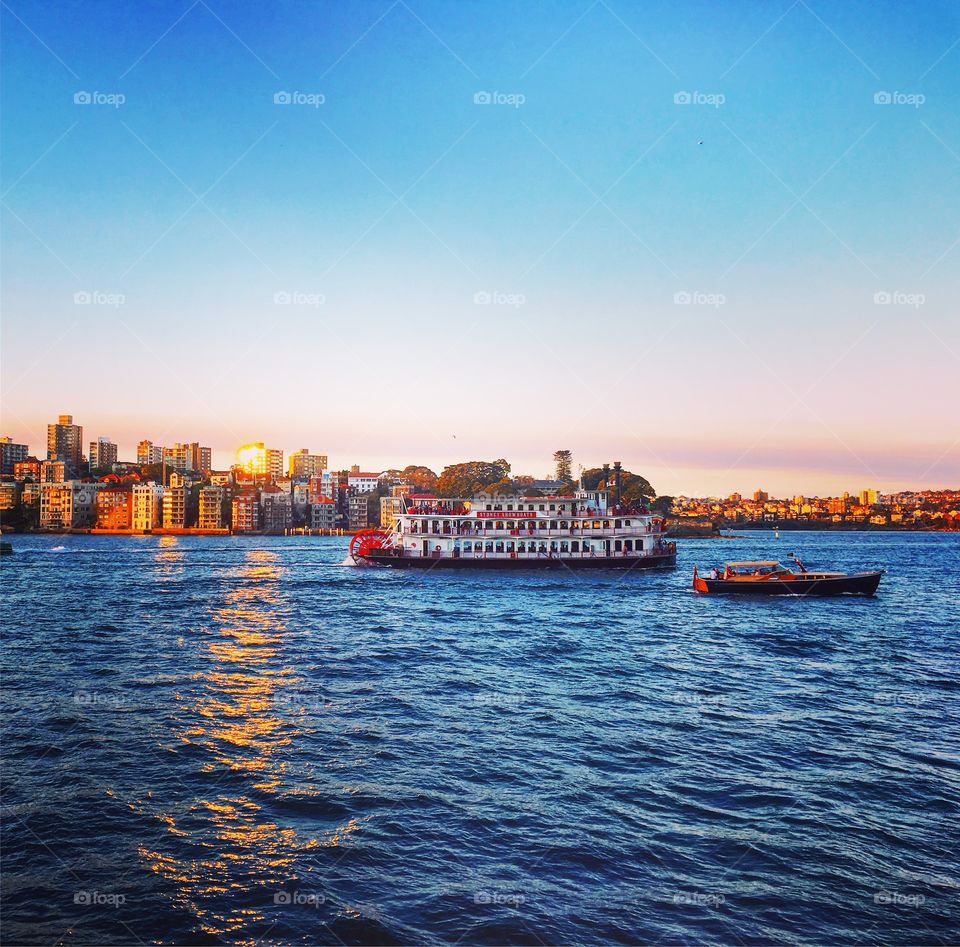 Ships on Sydney Harbor at Sunset