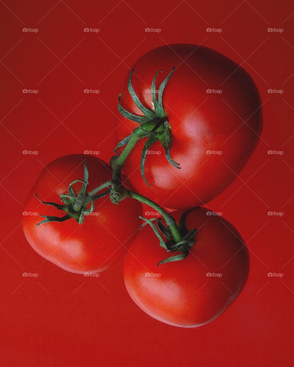 Three Red tomatoes on red background 