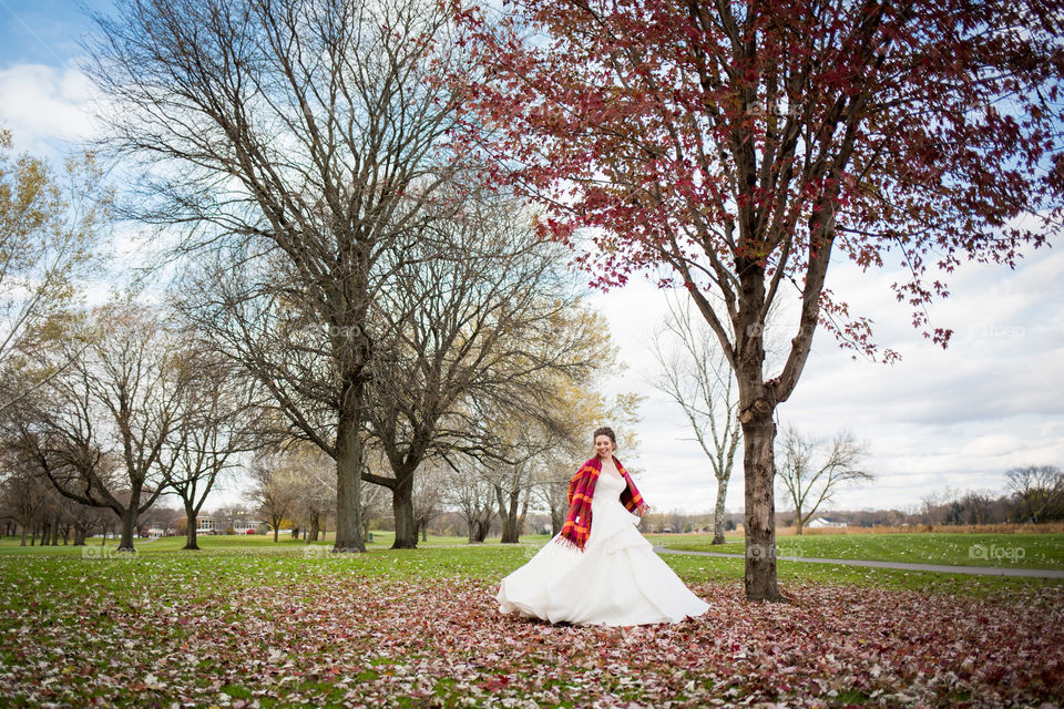 Wedding fall leaves photography dress shawl tree