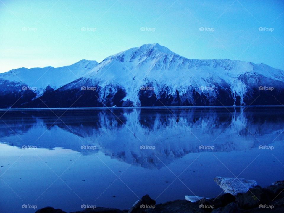 reflection of snowy mountain in water