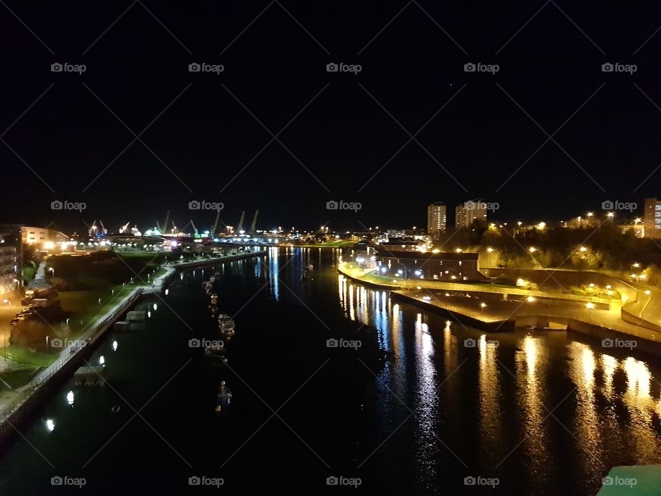nighttime,dark,lights,beautiful,river,Sunderland,city,