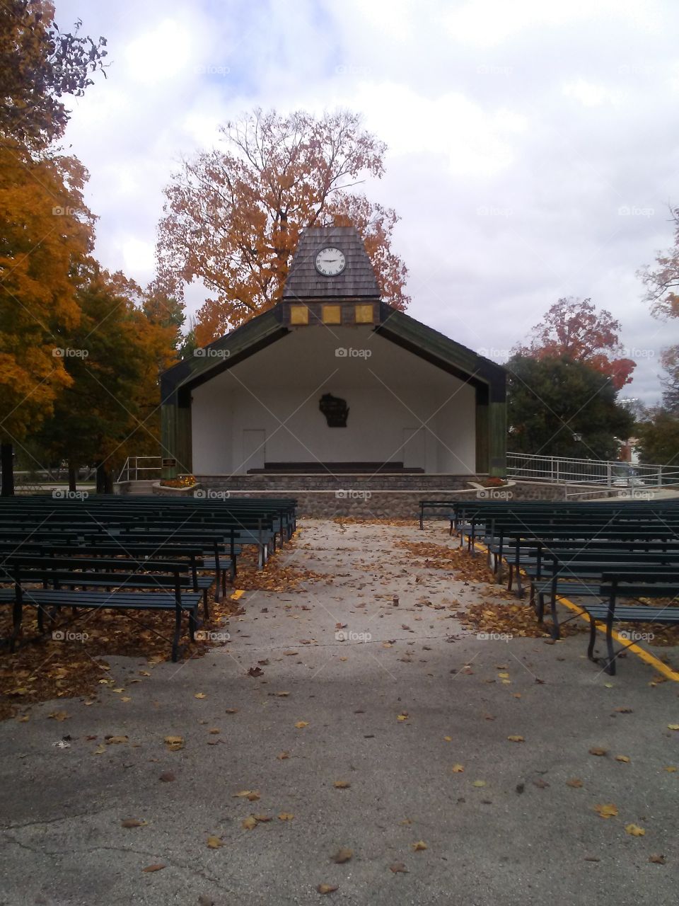The newer bandstand at Plymouth City Park in Plymouth, Wisconsin. Built in 1985 .