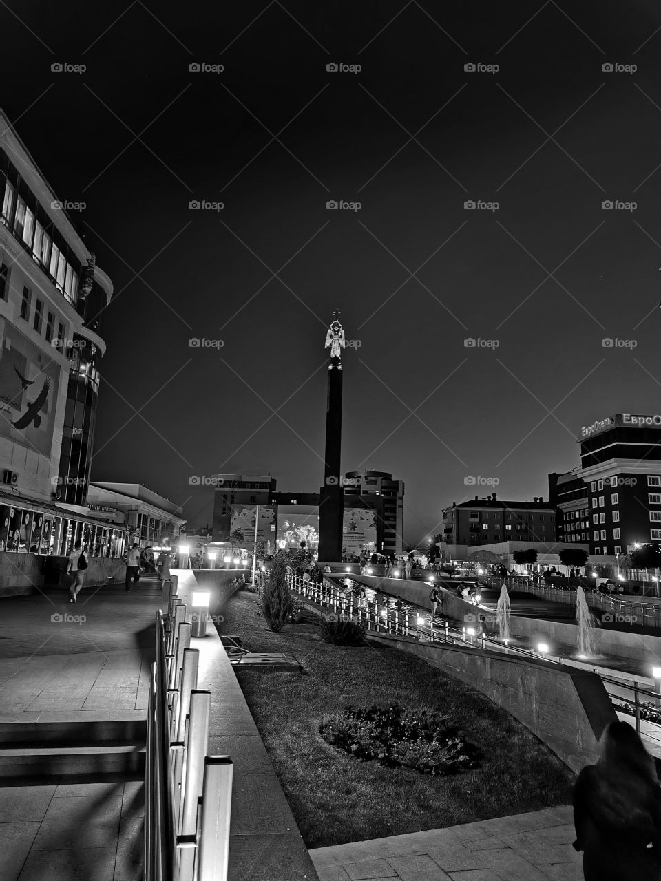 Fountain street outdoor outside building way road decor decoration design view home water stream pedestrian night part form shape beauty shades Light Black White