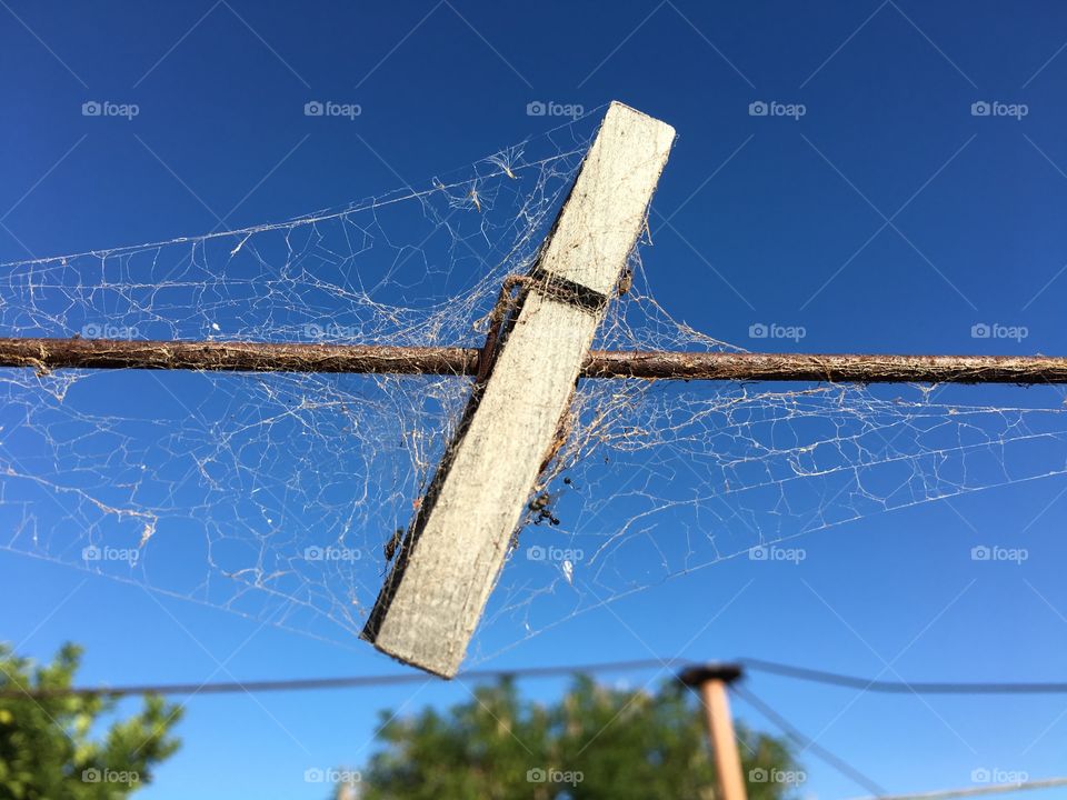 Single lone wooden clothespin clothes peg on wire clothesline against vivid blue sky ground up, spiderwebs 