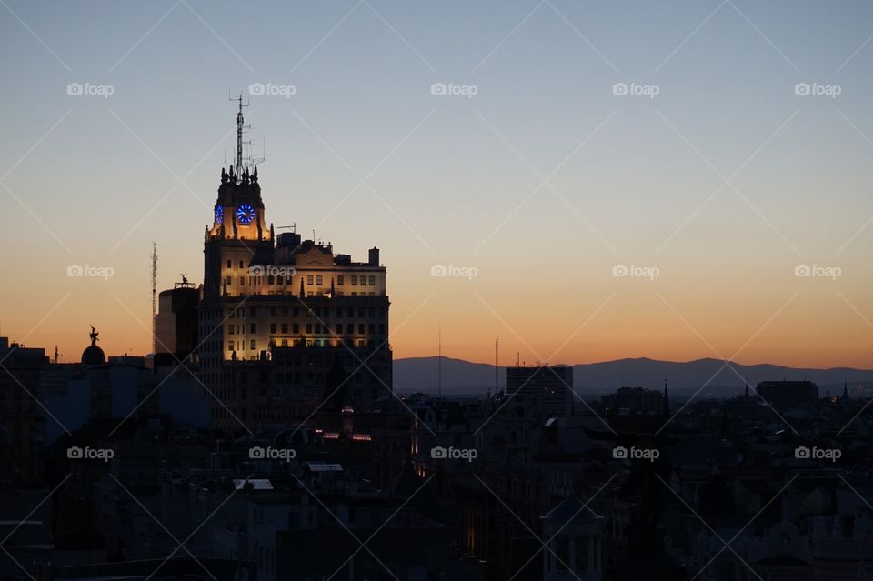 The Telefónica Building from Círculo de Bellas Artes, Madrid, Spain 
