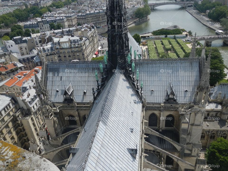 A view at The top of The Classic Gothic Style, Notre Dame Cathedral in Paris. May 2012. Copyright © CM Photography. @chelseamerklephotos on Foap. 