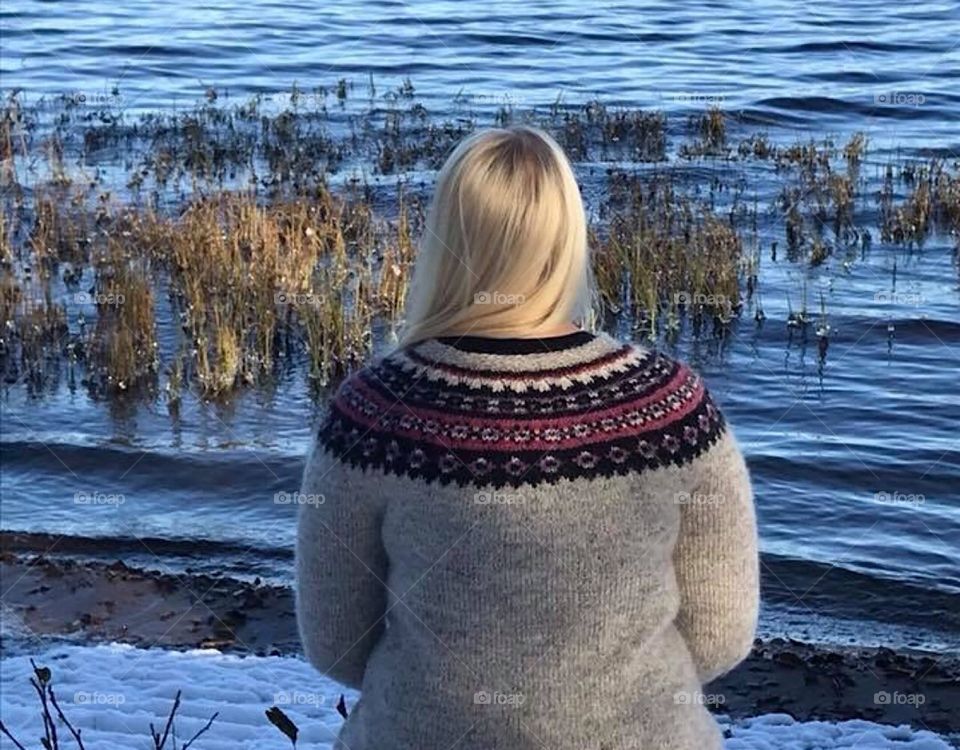 Nature, warm, sweater, knitting, knitted, Finnish girl, Finland, autumn, lake, 