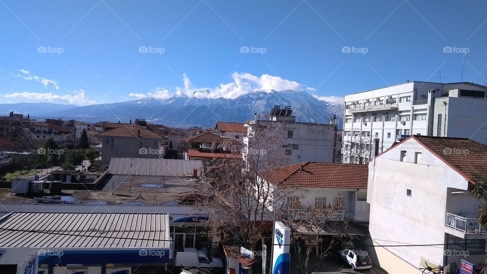 Mt Olympus, seen from the town of Katerini, Greece.