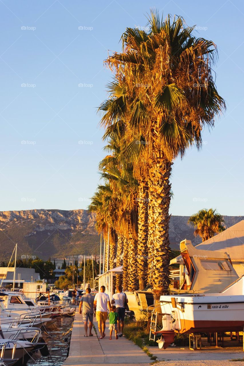 Walking in the port at sunset