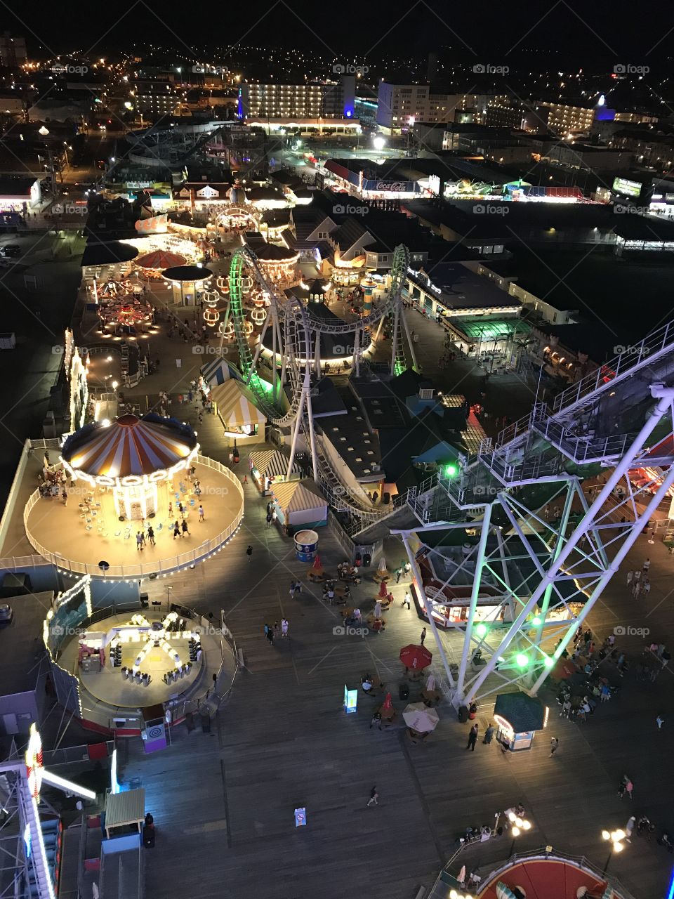 Morey’s Pier view from the Ferris wheel. Night time amusement park 
