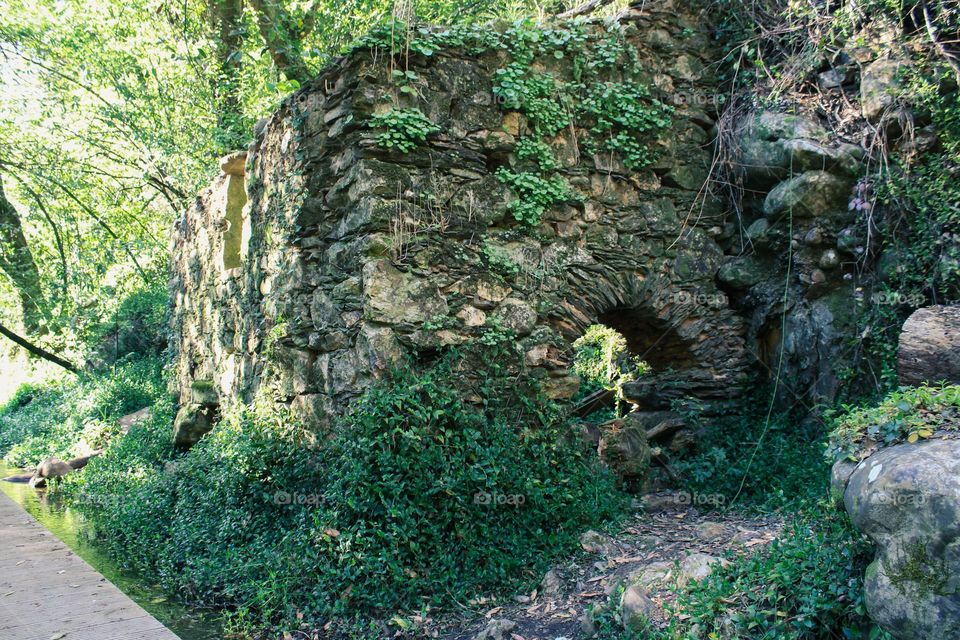 Old house in ruins surrounded by vegetation, in Fragas de São Simão, Portugal.