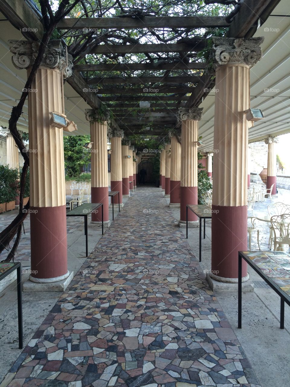 Between the Columns. Lovely column lined walkway in Hotel Bellevue Syrene Sorrento Italy.