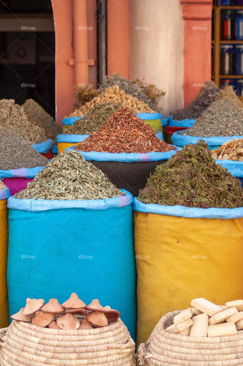 A picture of a group of spices, the city of Marrakesh, Morocco