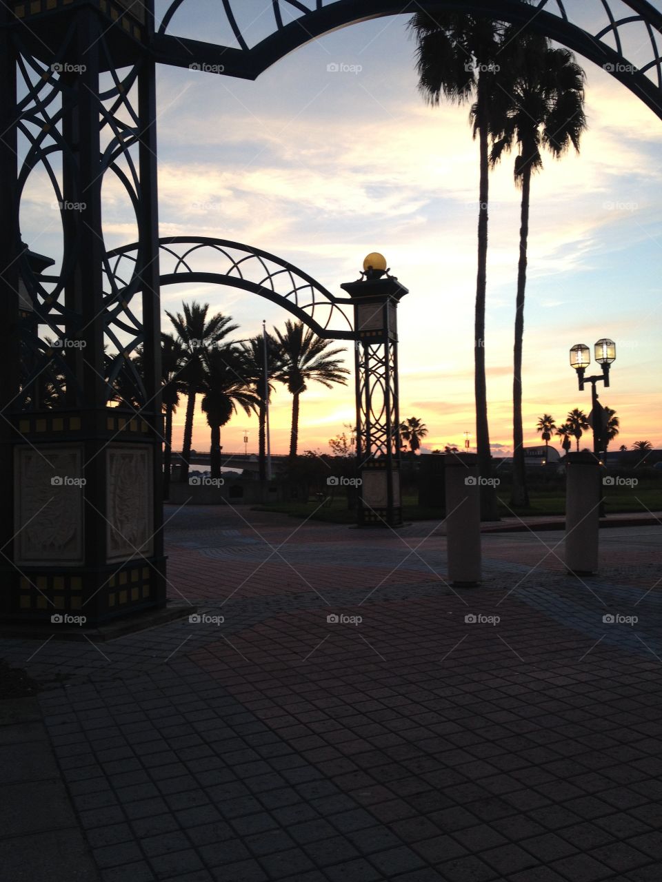 Sunrise, Daytona Beach Florida with palm trees and arch over Beach Street in silhouette.