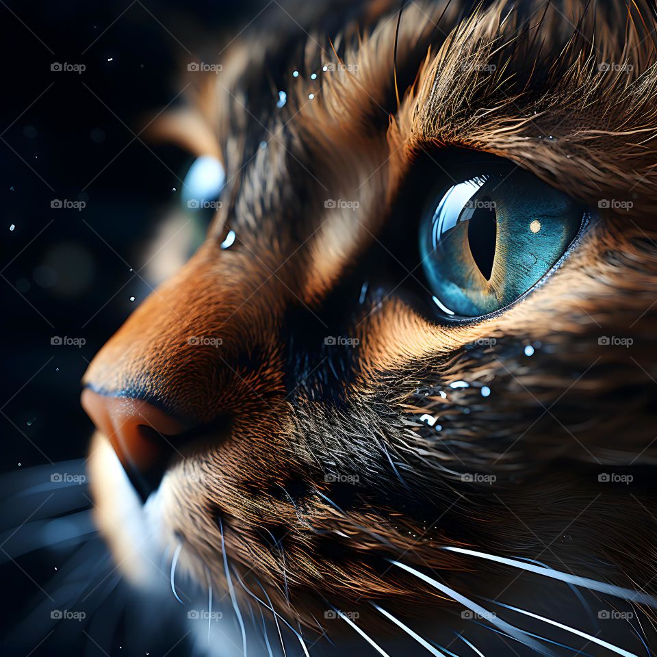 close up of a cat face with round eyes, in the style of vray tracing, photo-realistic techniques