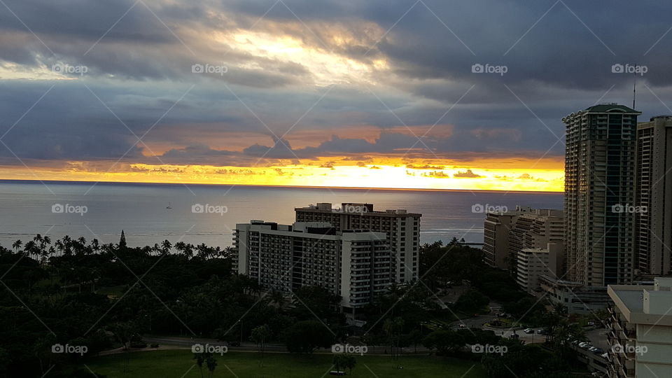 Sunset view from hotel in Waikiki, Honolulu, HI