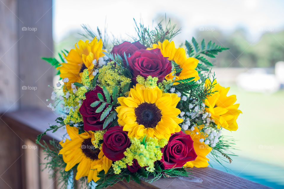 Sunflower and Red Roses Bridal Bouquet