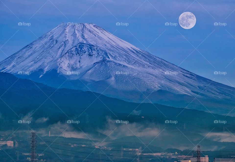 Beautiful Fuji mountain on full moon background 