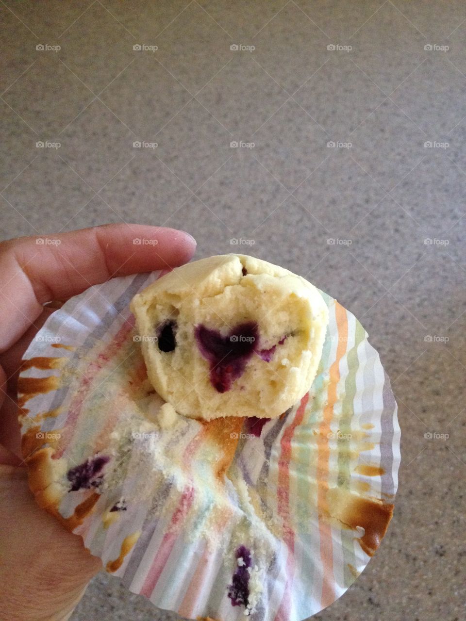 Heart in a blueberry muffin. I was surprised to find a heart in a blueberry muffin I baked. 