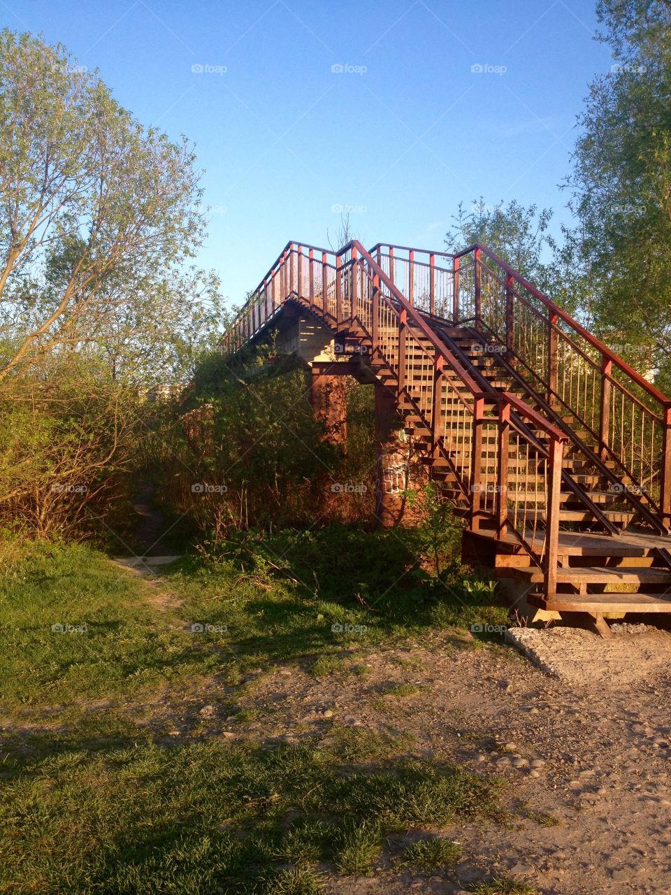 Steel staircase of the pedestrian bridge