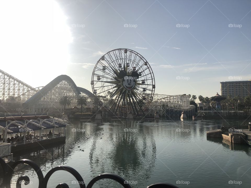 Mickeys Fun Wheel in Disneyland California Adventures; it definitely has a stark contrast with the sky behind it’