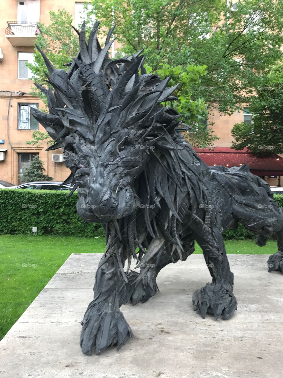 Lion sculpture made of tires