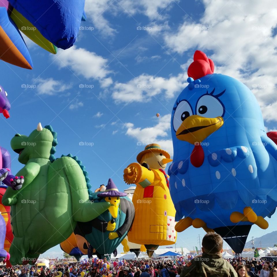 Dragon, scarecrow, blue chicken hot air balloons, Albuquerque International Balloon Fiesta 2016