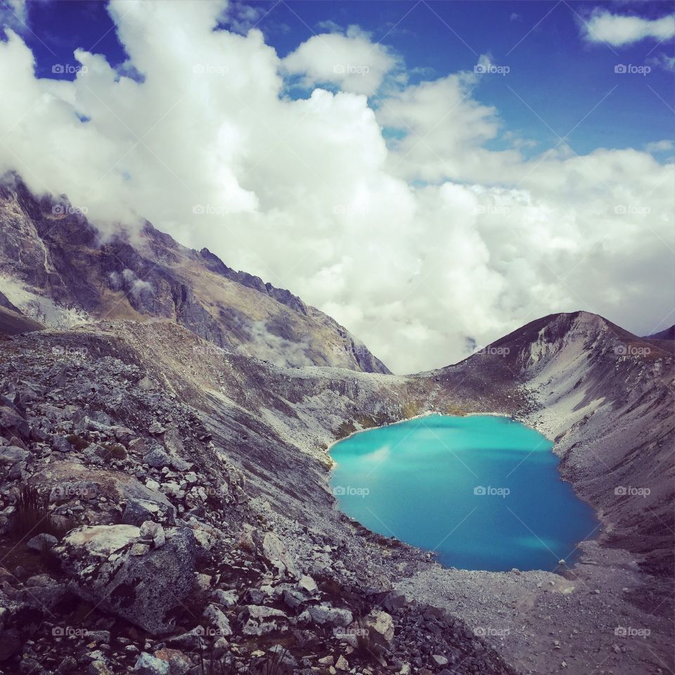 lake in the sky during hike through the Andes mountains