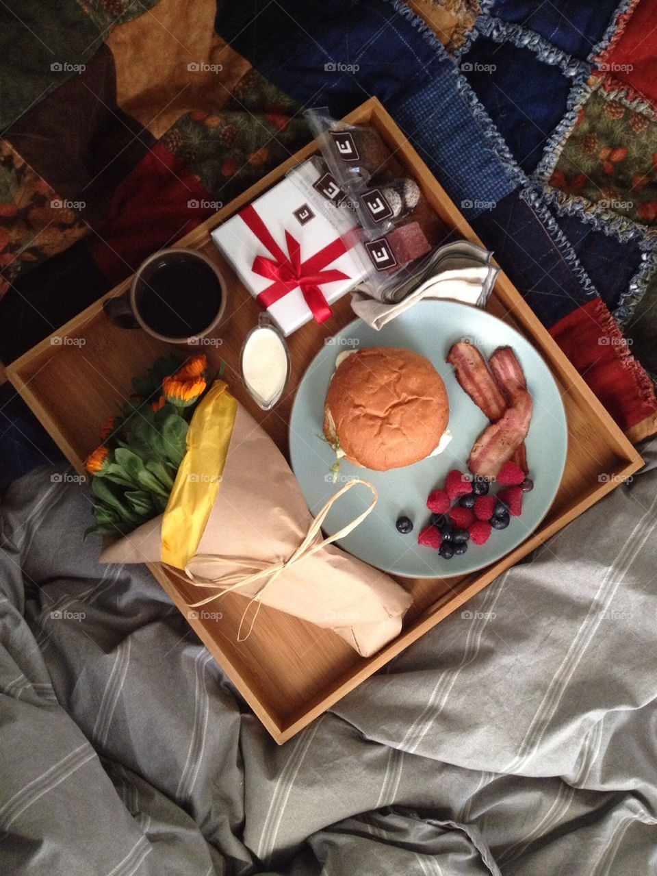 Breakfast in bed with flowers