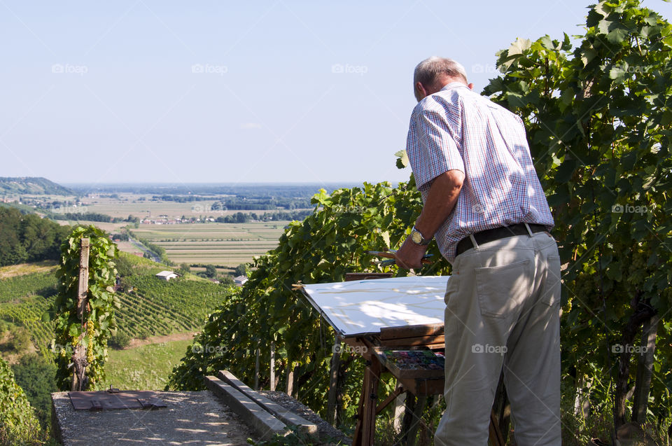 Elderly painting in vineyard