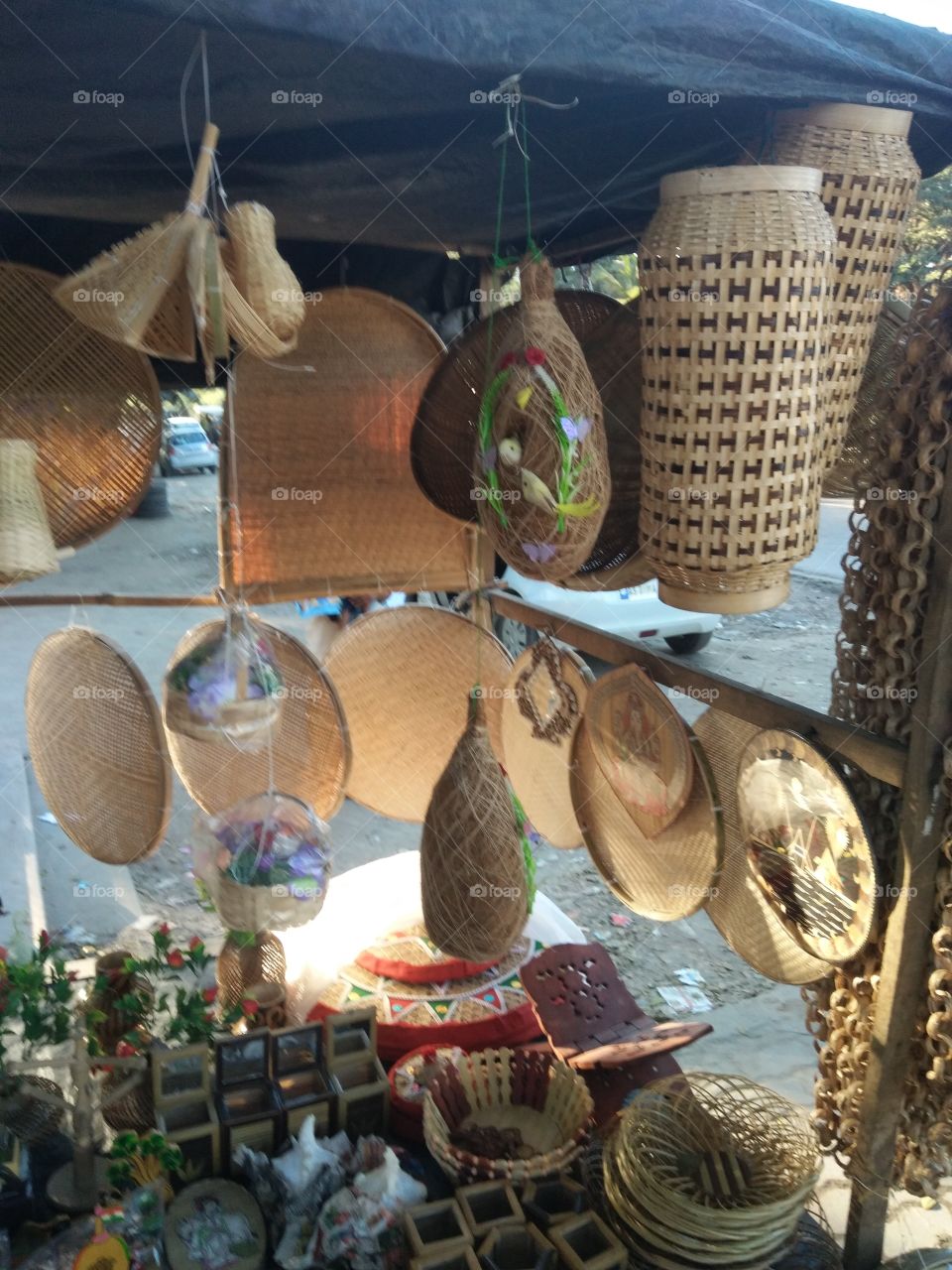 Traditional bamboo made utensils,  A bird nest for weaving bird is designed by bamboo threads