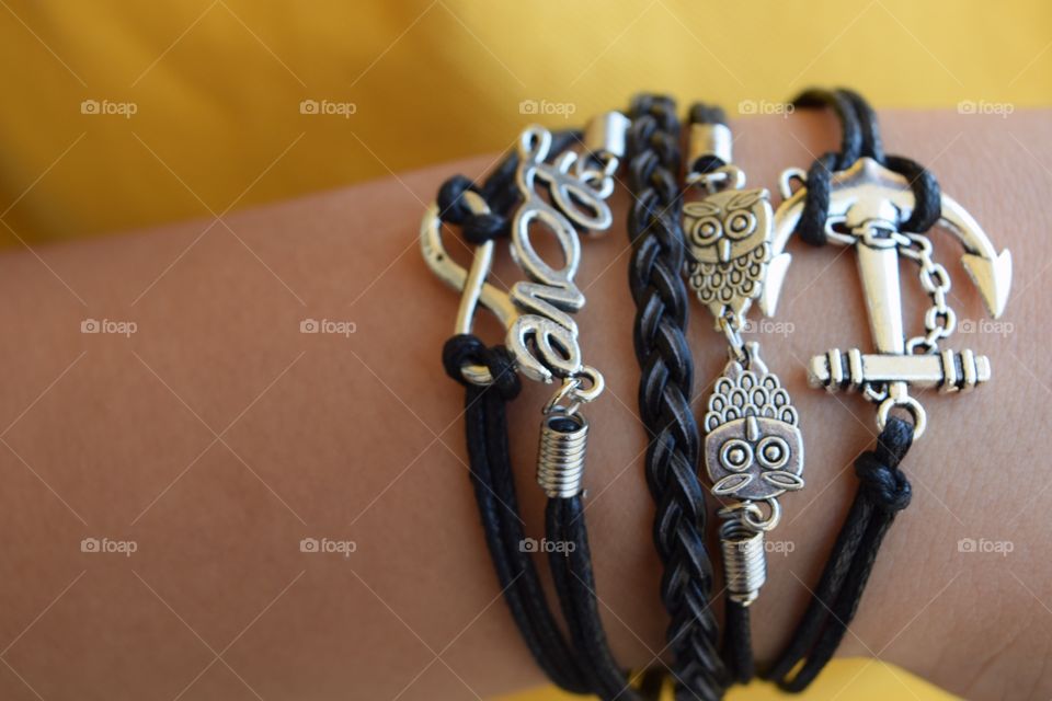 Love symbol and anchor black bracelet