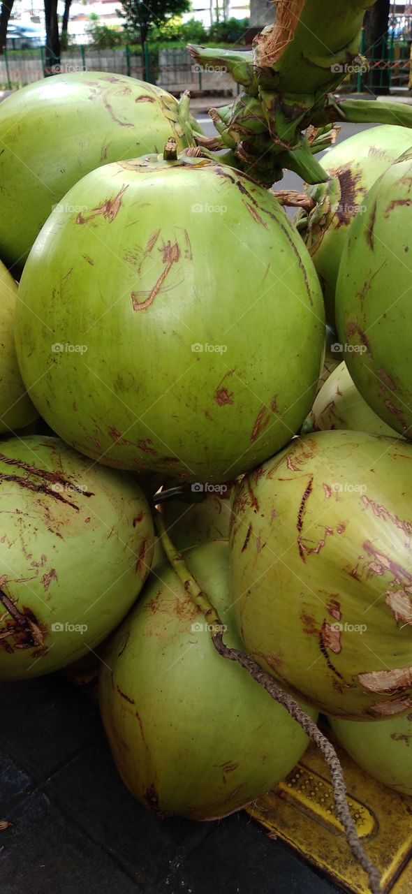 Piles of green coconuts on display.